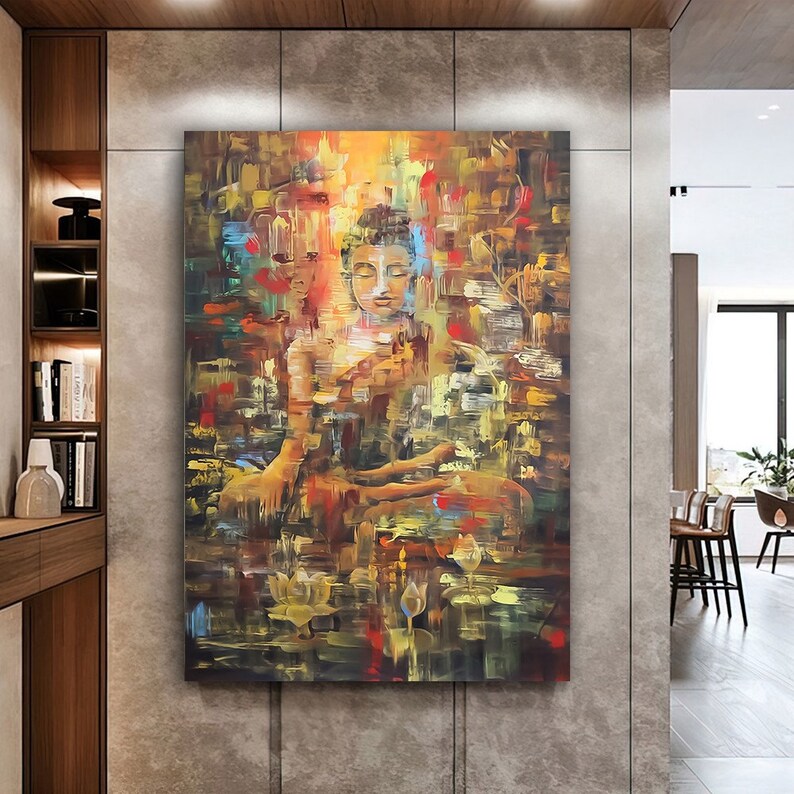 May include: Abstract painting of a meditating Buddha in a colorful, textured style. The Buddha is surrounded by flowers and leaves, and the background is a mix of greens, yellows, and oranges.