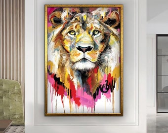 Colorido lienzo de león, lienzo de león, arte de pared de león, póster de león, arte de pared animal, póster de animales, lienzo de animales, lienzo enmarcado