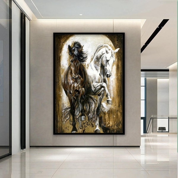 abstract white and black horses painting on canvas, large horse canvas wall art, modern animal painting living room bedroom,ready to hang