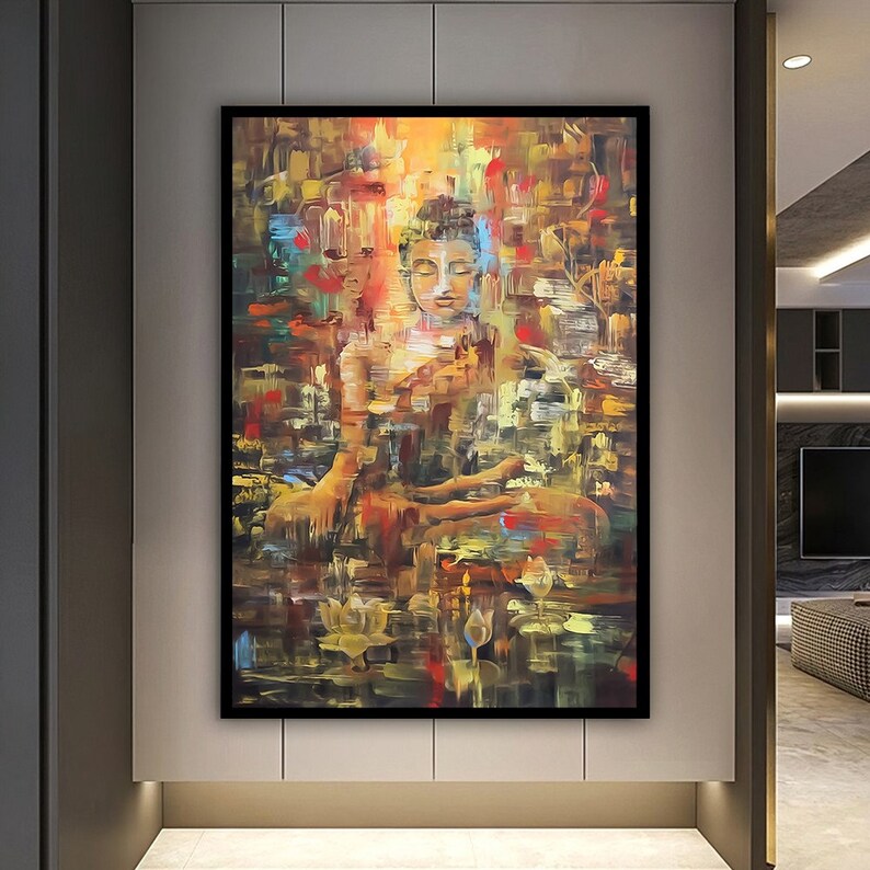 May include: A colorful abstract painting of a meditating Buddha figure in a yellow, orange, and green landscape. The painting has a textured, brushstroke effect.