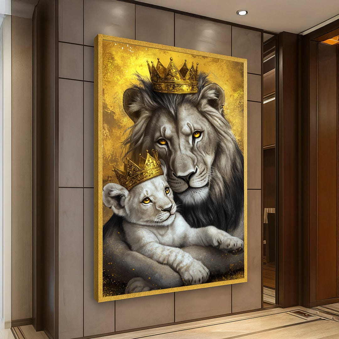 Regal Lion and Cub With Crowns Canvas, Royal Animal Wall Art, Majesty ...