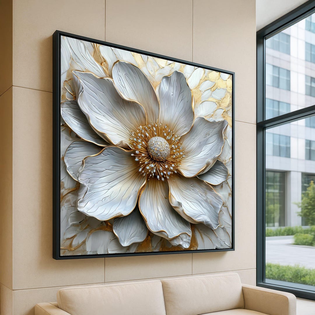 Elegant White and Gold Flower Canvas Wall Art, 3D Floral Design, Luxury ...