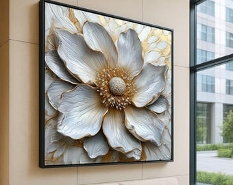 Elegant White and Gold Flower Canvas Wall Art, 3D Floral Design, Luxury Home Decoration, Textured Petal Artwork, Modern Living Room Decor