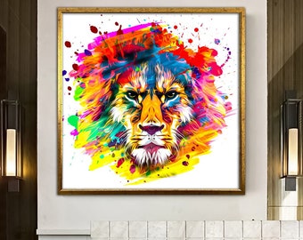 Colorido lienzo de león, lienzo de león, arte de pared de león, póster de león, arte de pared animal, póster de animales, lienzo de animales, lienzo enmarcado