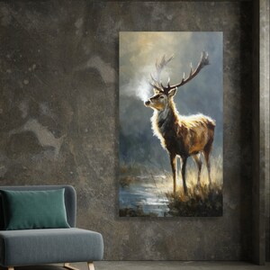 Majestueus hert in ochtendmist, wildlife canvas muurkunst, natuur dierenschilderij, decor rustiek huis, klaar om op te hangen canvaskunst afbeelding 6
