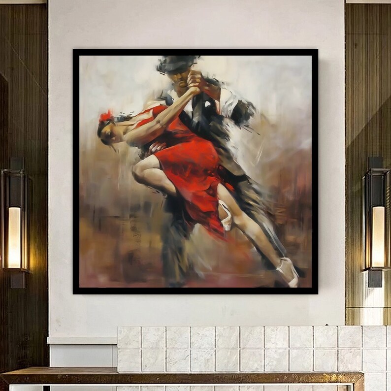 May include: A painting of a couple dancing the tango. The woman is wearing a red dress and the man is wearing a black suit. The painting is done in a realistic style and has a warm color palette.