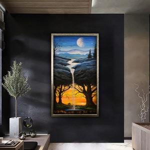 May include: A painting of a waterfall cascading through a forest with a full moon and a star in the sky. The trees are silhouetted against a sunset sky.