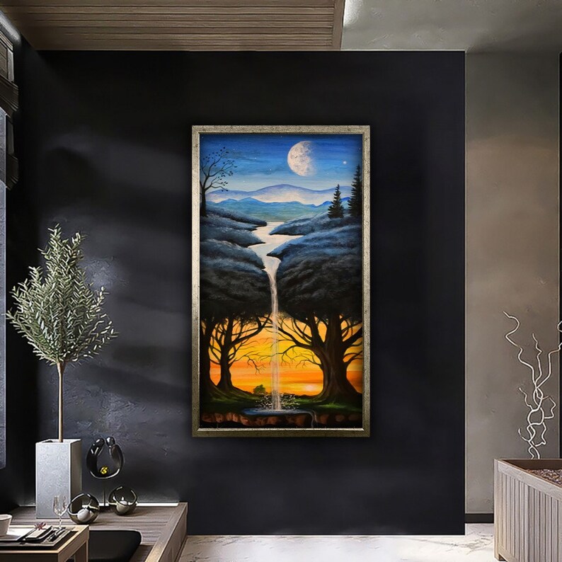 May include: A painting of a waterfall cascading through a forest with a full moon and a star in the sky. The trees are silhouetted against a sunset sky.