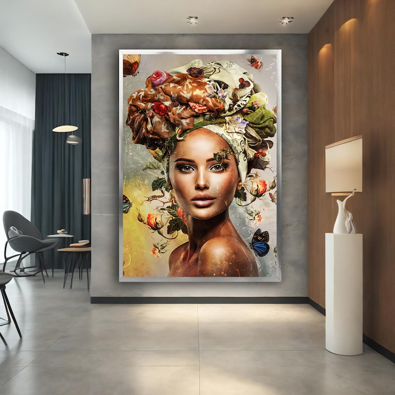 May include: A woman with a colourful floral headwrap and butterflies around her. The background is a soft, abstract design with muted colours.