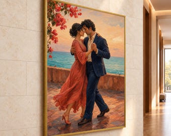 May include: A framed rectangular wall art print depicting a couple dancing on a stone terrace by the sea. The person on the left wears a flowing coral-red dress, while the person on the right wears a dark blue suit. Red flowers hang above.