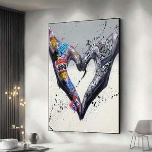 Graffiti hands with heart canvas, banksy wall art, graffiti poster, love graffiti print, banksy heart wall art
