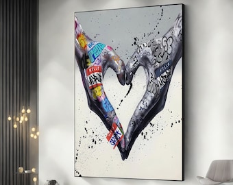 Graffiti hands with heart canvas, banksy wall art, graffiti poster, love graffiti print, banksy heart wall art
