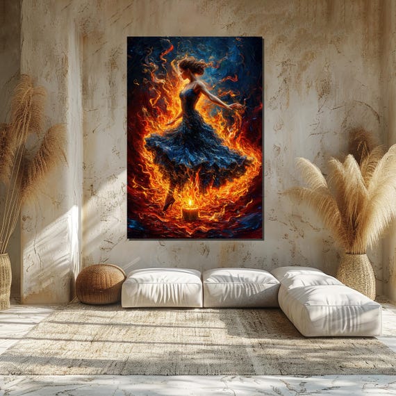 Flame Dancer Canvas, Woman in Fire Dress Art, Fiery Dance Wall Art