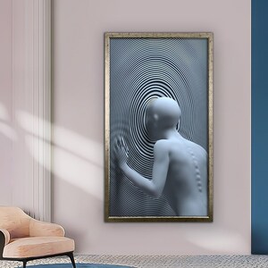 Puede incluir: Una impresi&oacute;n de arte abstracto enmarcada que presenta una figura 3D blanca de pie frente a un patr&oacute;n de remolino en blanco y negro.