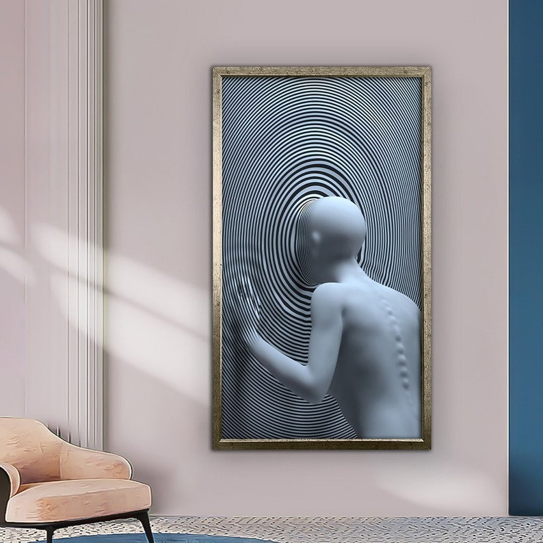 Puede incluir: Una impresi&oacute;n de arte abstracto enmarcada que presenta una figura 3D blanca de pie frente a un patr&oacute;n de remolino en blanco y negro.