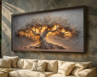 Majestueuze olijfboom kunst aan de muur, getextureerde boom canvas, verlichte natuur decor, rustieke huisdecoratie, 3D-effect canvas kunst