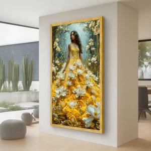 Elegant Woman in Golden Floral Dress Canvas, Fantasy Portrait Wall Art, Yellow Flowers Canvas, Decorative Home Art, Ready to Hang