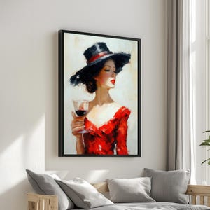 Elegant Lady with Wine, Red Dress Canvas Art, Classy Woman Wall Decor, Fashion Canvas Print, Wall Art Canvas Design, Ready to Hang