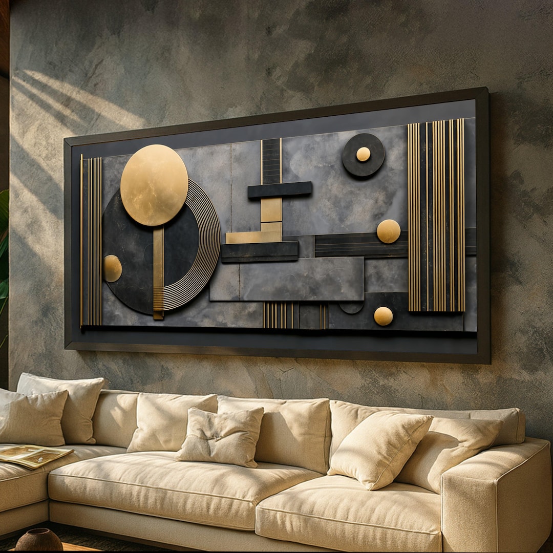 Modern Geometric Abstract Canvas Wall Art, Gold and Black Metal Texture ...
