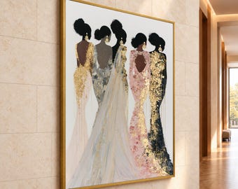 May include: A framed wall art print featuring five figures standing in a row, wearing floor-length gowns adorned with gold leaf accents. The figures have dark silhouettes, detailed hairstyles, and backless dresses in shades of gold, silver, pink, and black.