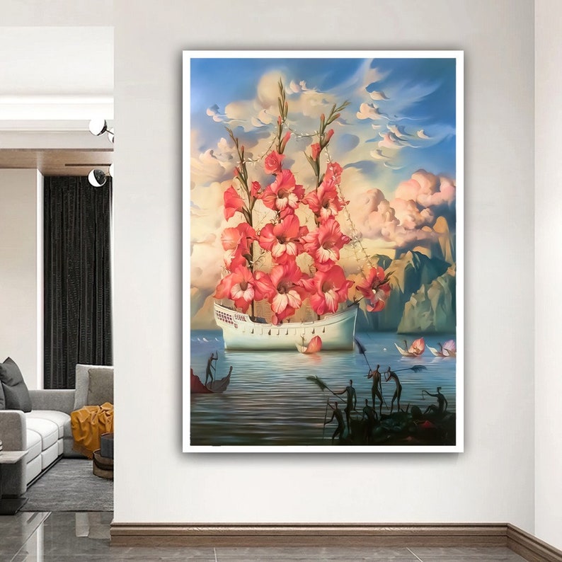 May include: A surreal painting of a white ship with pink flowers growing from its deck. The ship is sailing on a blue sea with a cloudy sky above. There are small figures in the water and on the shore.