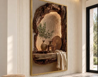 May include: A rectangular wall art piece in a gold frame depicting a textured tree bark archway. Inside the arch, a wooden shelf holds a ceramic vase with olive branches, a lantern with a lit candle, a round wooden plate, and a draped cloth.