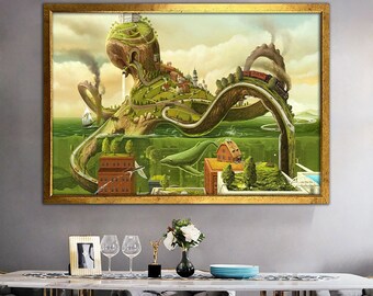 Underwater World, Surreal Octopus Art, Canvas Wall Art, Surreal Art Print, Surreal Painting,Moden Art, Framed Canvas Art