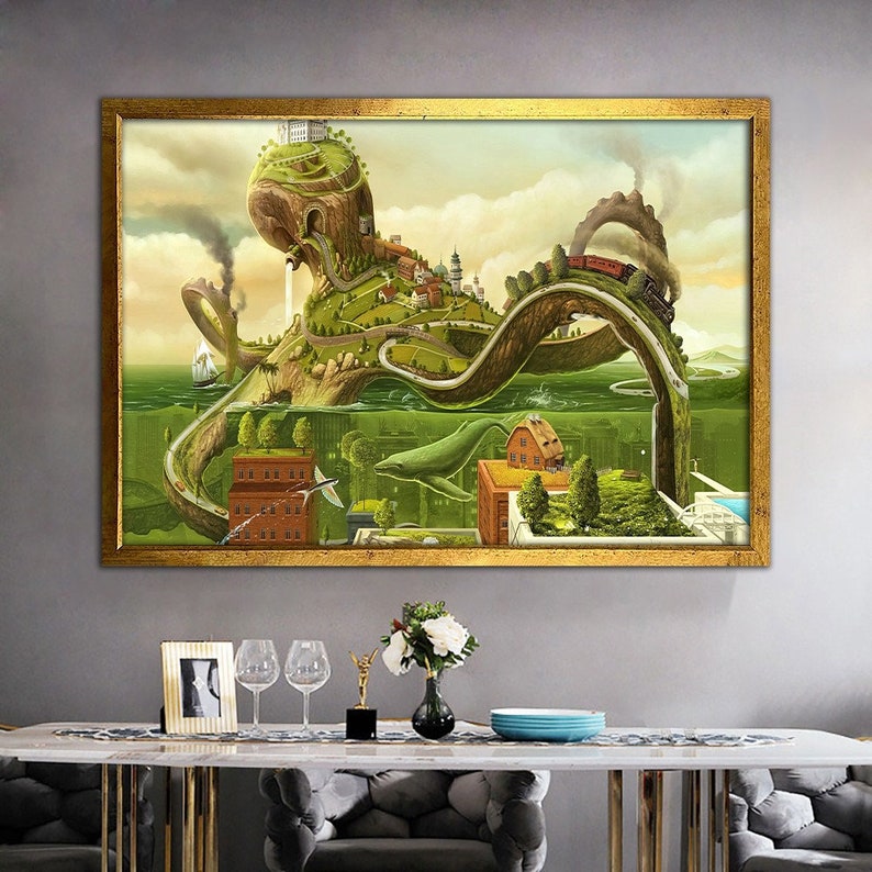 May include: A surreal painting of a green, leafy island shaped like an octopus with a train track running through it. The island is surrounded by water with a whale swimming below. The painting is framed in gold.