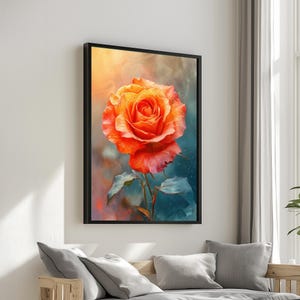 Lienzo de rosa naranja, arte floral para pared, estampado de rosas, diseño de naturaleza, póster de rosa, decoración lista para colgar.