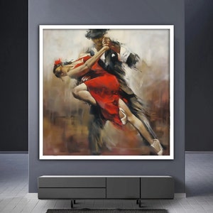 May include: A painting of a couple dancing the tango. The woman is wearing a red dress and the man is wearing a black suit. The painting is done in a realistic style with a focus on the movement of the dancers.