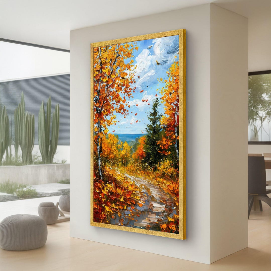 Autumn Forest Path Canvas, Fall Leaves Painting, Landscape Wall Art ...