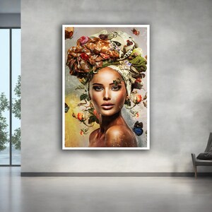 May include: A woman with dark brown hair and eyes is wearing a colourful head wrap with flowers and butterflies. The background is a soft yellow and brown.