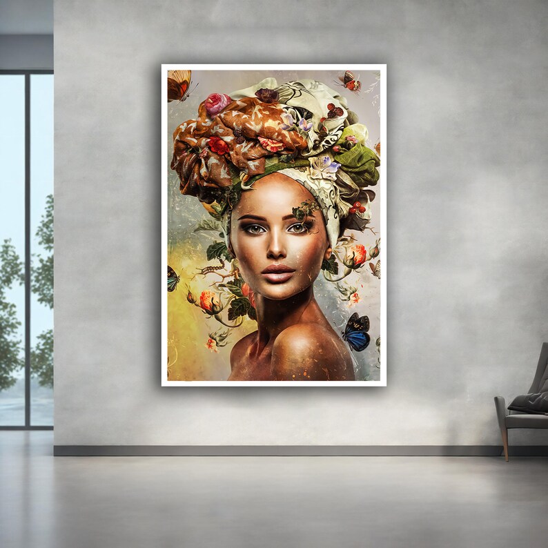 May include: A woman with dark brown hair and eyes is wearing a colourful head wrap with flowers and butterflies. The background is a soft yellow and brown.
