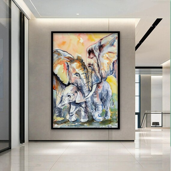 watercolor elephant wall art, elephant wall art, elephant canvas, elephant poster, elephant painting, framed canvas ready to hang