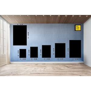 May include: A wall with a variety of canvas sizes displayed. The sizes are listed in inches and centimeters. The text "BIG CANVAS" is in a yellow box in the upper right corner of the image.