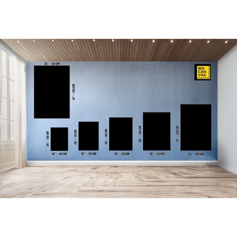 May include: A wall with a variety of canvas sizes displayed. The sizes are listed in inches and centimeters. The text "BIG CANVAS" is in a yellow box in the upper right corner of the image.