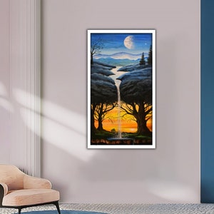 May include: A painting of a waterfall flowing through a split in two trees, with a moon and stars in the sky above. The trees are silhouetted against a sunset.