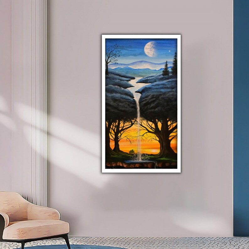 May include: A painting of a waterfall flowing through a split in two trees, with a moon and stars in the sky above. The trees are silhouetted against a sunset.