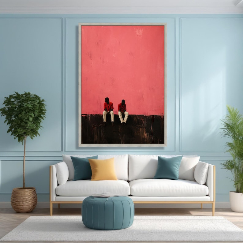 Minimalist Two Men Sitting Wall Art, Modern Canvas with Pink and Black Background, Contemporary Urban Scene, Stylish Home Decoration image 4