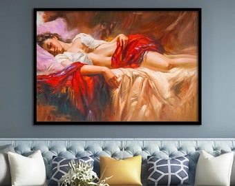 Sleeping Sexy Woman Canvas Painting, Woman Canvas Painting, Sensual Wall Decor, Woman Canvas Print , Framed Canvas Ready to Hang