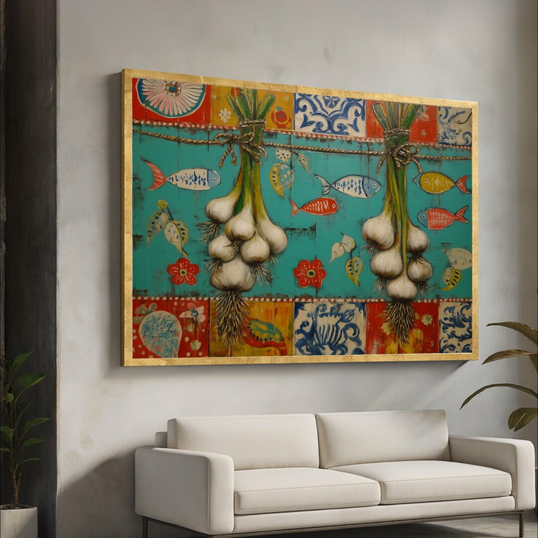 set of three mediterranean kitchen prints | framed... Colorful Mediterranean Kitchen Canvas, Garlic and Fish Wall Art, Rustic ...