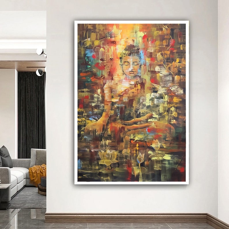 May include: A colorful abstract painting of a meditating Buddha figure in a seated position. The painting features a variety of colors, including shades of yellow, orange, red, blue, and green. The Buddha is surrounded by a swirling background of abstract shapes and lines.