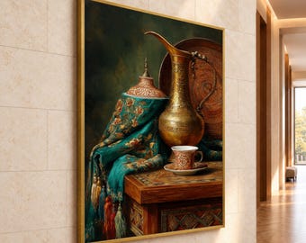 May include: A framed oil painting depicting a still life scene with a tall, ornate brass pitcher, a matching teacup on a saucer, and a large circular tray. A teal fabric with floral patterns and tassels drapes over a wooden table surface.