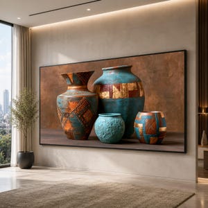 Geometric Vase Canvas Artwork, Turquoise and Rust Pottery Still Life, Four Decorative Vessels, Earthy Brown Background, Modern Boho Decor