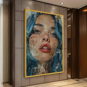 Blue Hair Portrait Canvas, Abstract Female Face Art, Freckled Skin Wall Decor, Modern Urban Canvas, Artistic Expression Home Decoration
