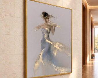 May include: A rectangular wall art piece in a gold frame featuring a painting of a figure playing a violin. The figure wears a flowing gown rendered in shades of light blue and white, accented with shimmering gold paint strokes.
