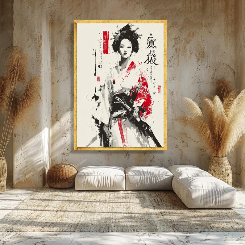 Modern Geisha Warrior Canvas, Japanese Samurai Art, Abstract Kimono Painting, Red Black White Wall Art, Asian Female Portrait Decoration image 2