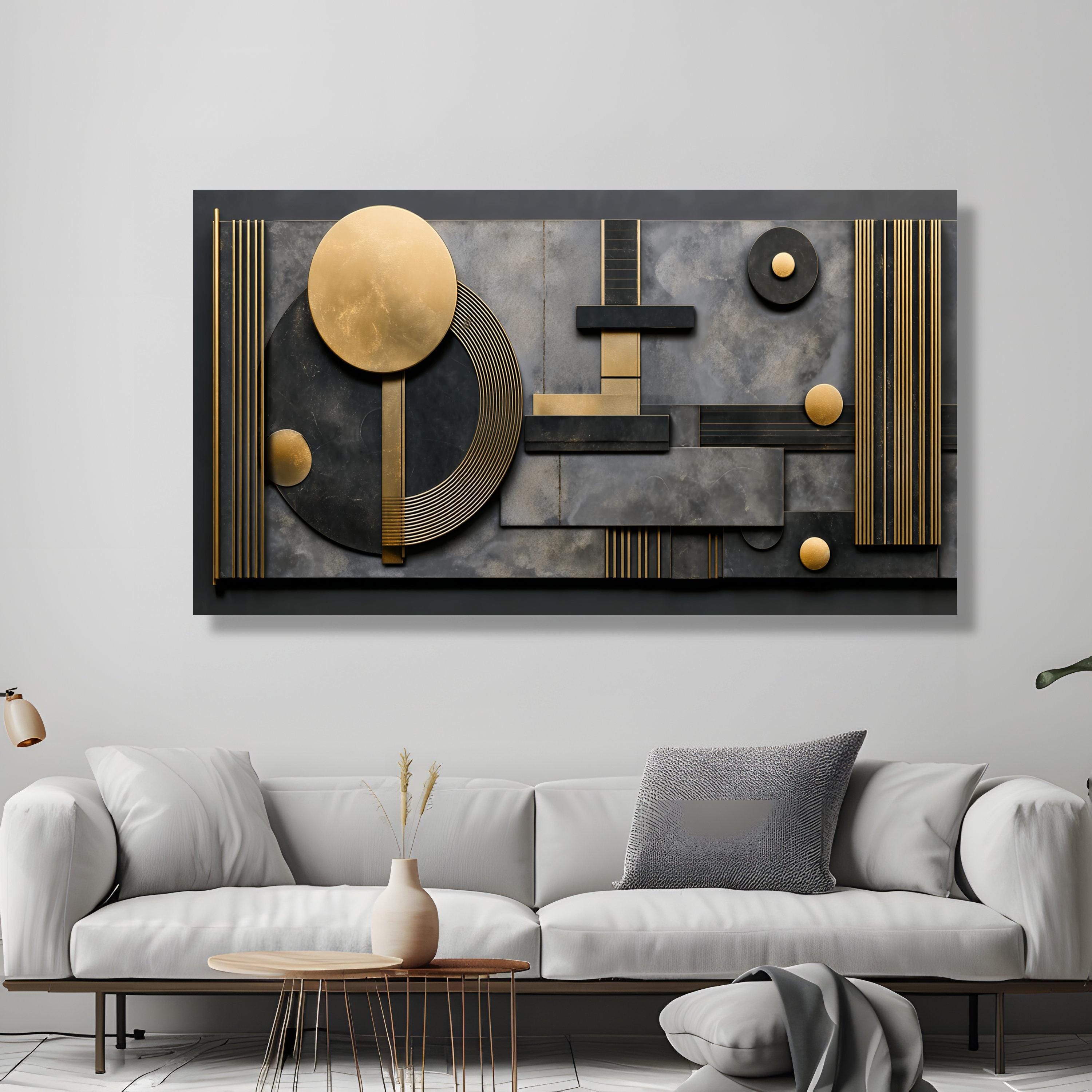 Modern Geometric Abstract Canvas Wall Art, Gold and Black Metal Texture ...