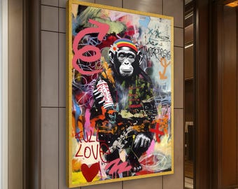 Kleurrijke street art chimpansee canvas, stedelijke graffiti muurkunst, moderne pop-art canvas, gedurfde dierendecoratie, klaar om op te hangen