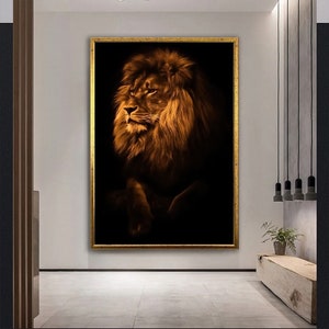 Lion Canvas Painting, Animal Wall Art, Canvas Wall Art, Luxury Framed Wall Decor,Bronze Lion Canvas Art
